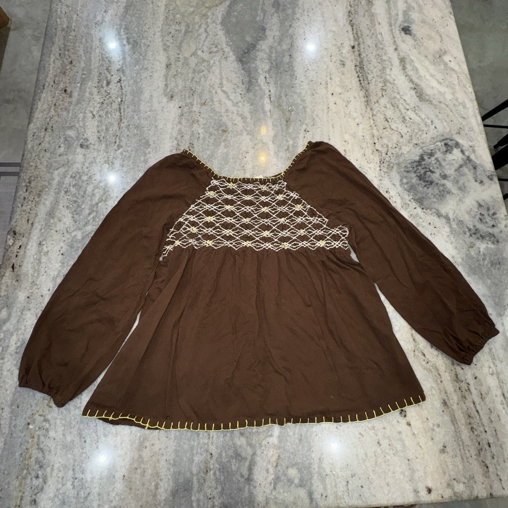 Y2K Roaman's Women's Sz XL Coffee Brown Smocked Babydoll Top Puff Sleeve Boho